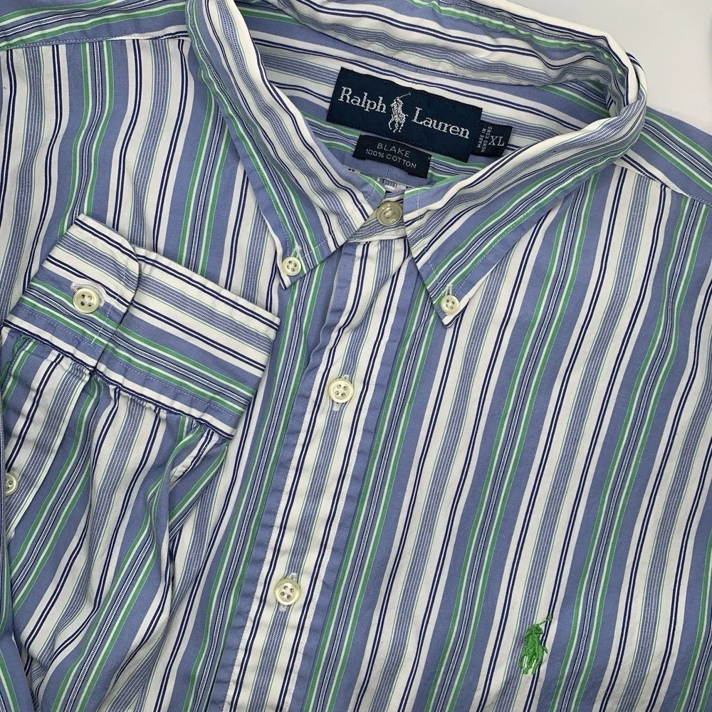 Polo Ralph Lauren Men's Blue Green Striped Long Sleeve Button Up Shirt Pony XL